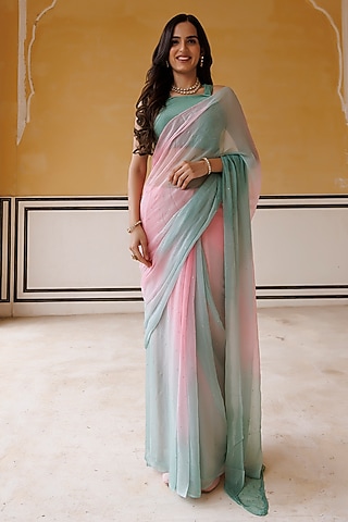Pink & Green Chiffon Mukaish Hand Embroidered Pre-Draped Saree Set by Geroo Jaipur