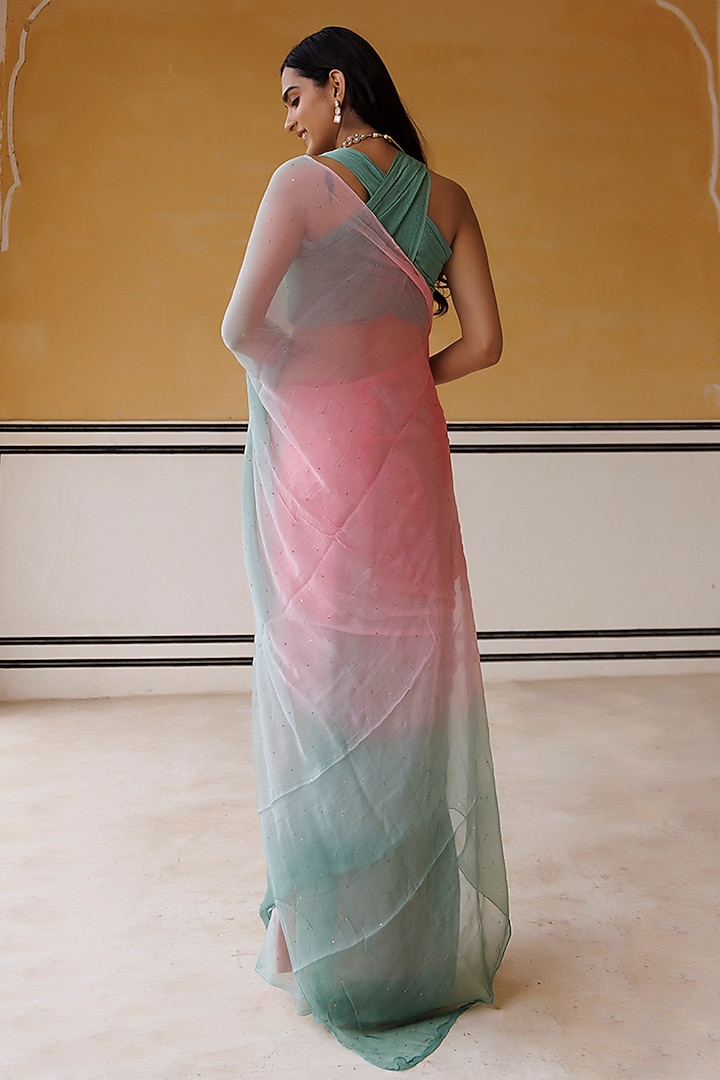 Pink & Green Chiffon Mukaish Hand Embroidered Pre-Draped Party Wear Saree Set by Geroo Jaipur at Pernia's Pop Up Shop
