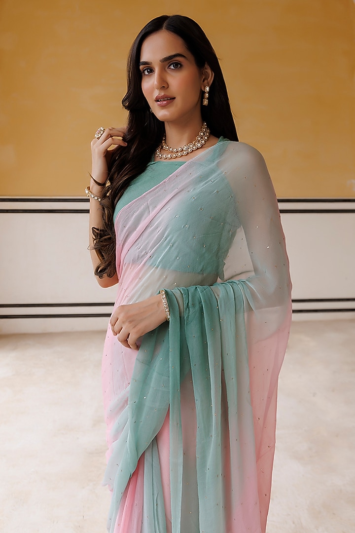 Pink & Green Chiffon Mukaish Hand Embroidered Pre-Draped Party Wear Saree Set by Geroo Jaipur at Pernia's Pop Up Shop