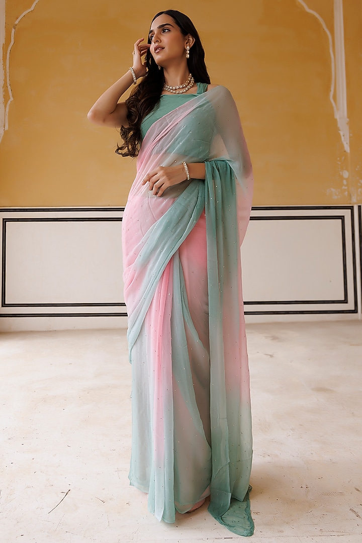 Pink & Green Chiffon Mukaish Hand Embroidered Pre-Draped Party Wear Saree Set by Geroo Jaipur at Pernia's Pop Up Shop