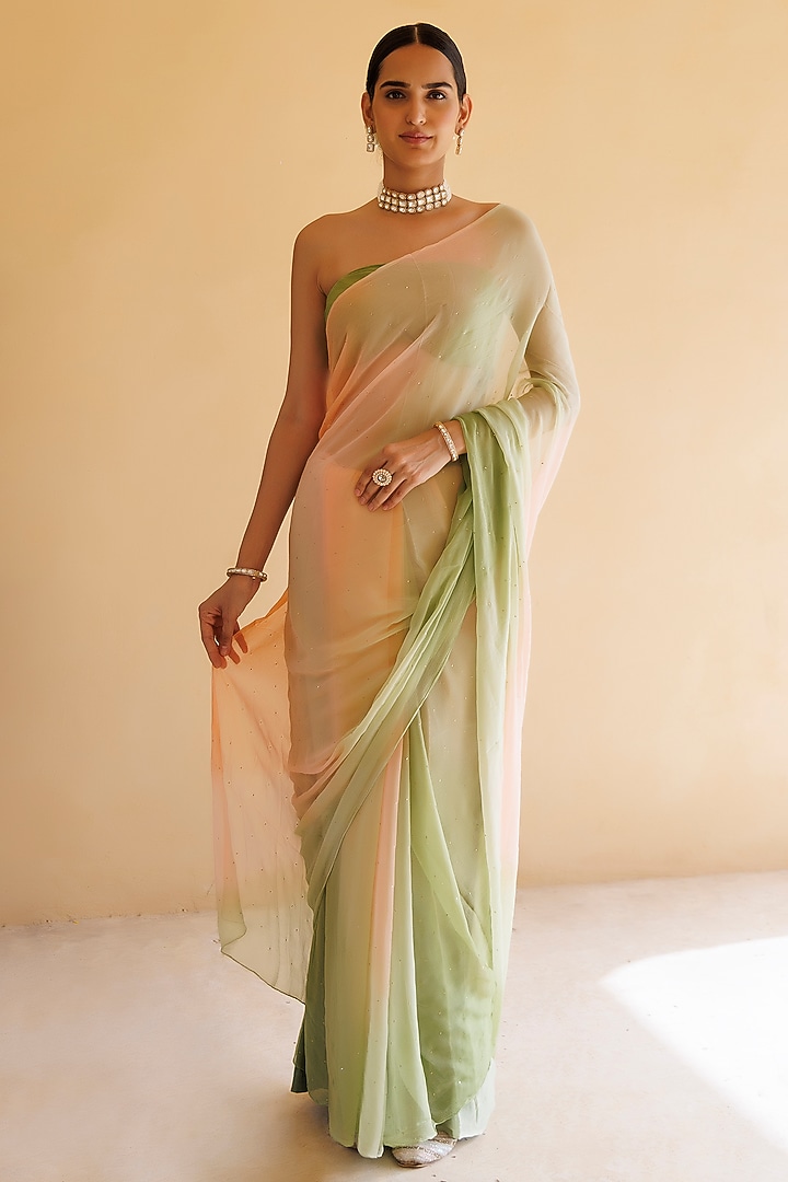 Peach & Green Shaded Chiffon Mukaish Hand Embroidered Party Wear Saree Set by Geroo Jaipur at Pernia's Pop Up Shop