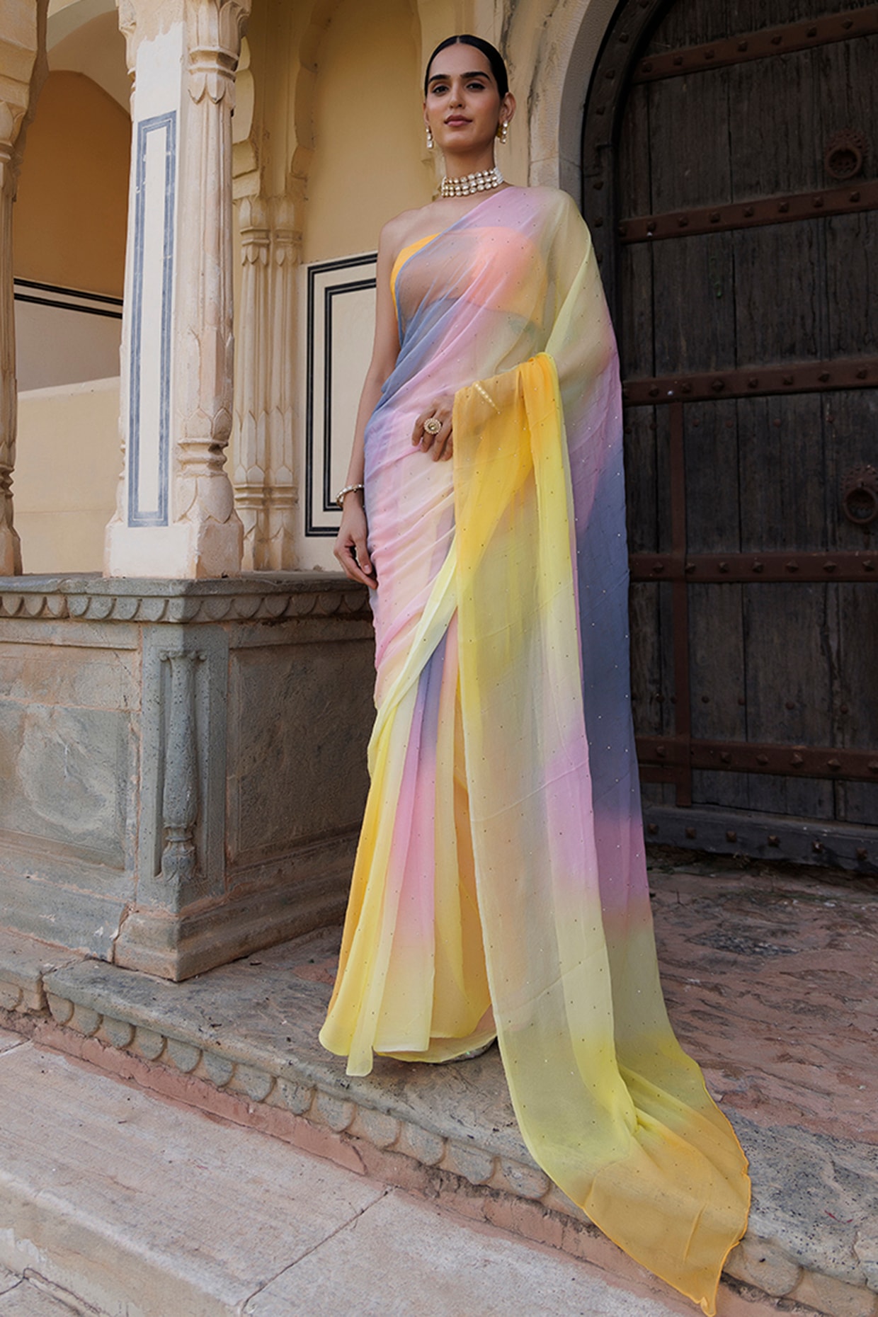 Geroo Jaipur Multi-Colored Chiffon Mukaish Hand Embroidered Pre-Draped Saree Set