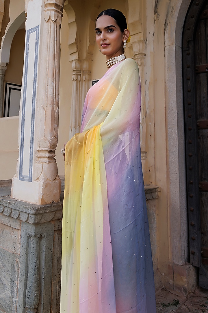 Multi-Colored Chiffon Mukaish Hand Embroidered Pre-Draped Party Wear Saree Set by Geroo Jaipur at Pernia's Pop Up Shop