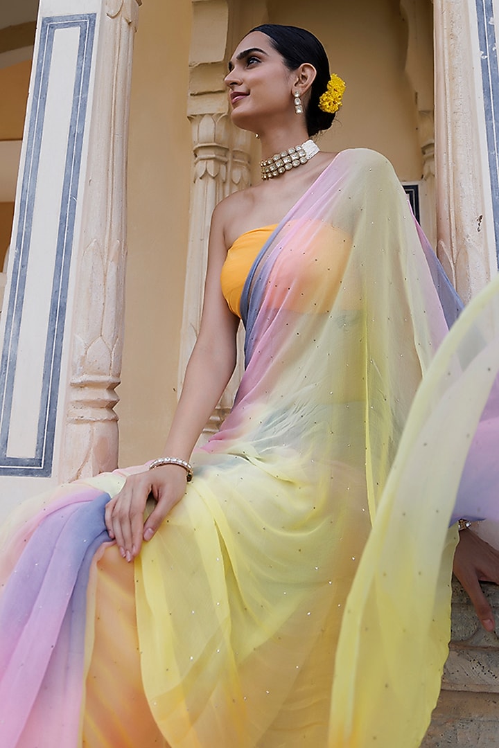 Multi-Colored Chiffon Mukaish Hand Embroidered Pre-Draped Party Wear Saree Set by Geroo Jaipur at Pernia's Pop Up Shop