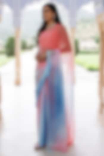 Pink & Blue Shaded Chiffon Mukaish Hand Embroidered Party Wear Saree Set by Geroo Jaipur at Pernia's Pop Up Shop