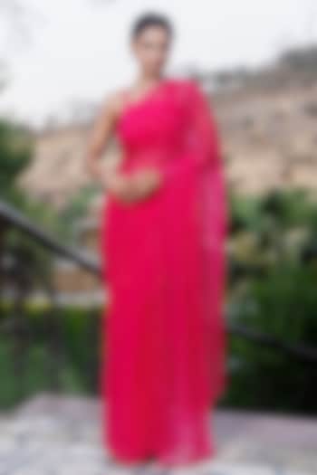 Pink Chiffon Mukaish Hand Embroidered Party Wear Saree Set by Geroo Jaipur at Pernia's Pop Up Shop