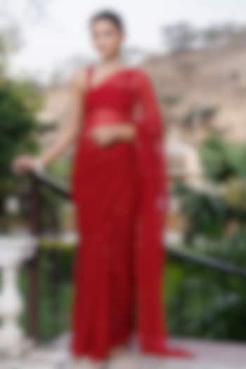 Cherry Red Chiffon Mukaish Hand Embroidered Party Wear Saree Set by Geroo Jaipur at Pernia's Pop Up Shop