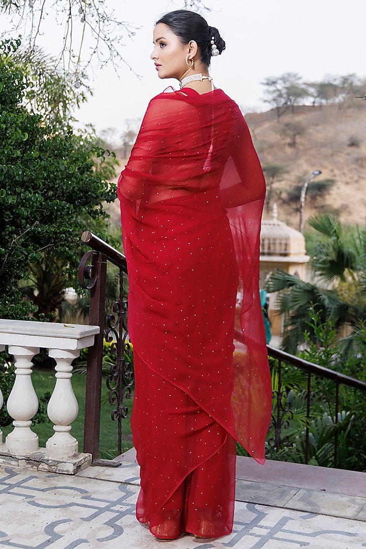 Cherry Red Chiffon Mukaish Embroidered Pre-Draped Party Wear Saree Set by Geroo Jaipur at Pernia's Pop Up Shop