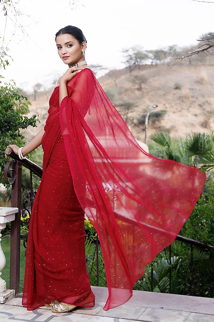 Cherry Red Chiffon Mukaish Embroidered Pre-Draped Party Wear Saree Set by Geroo Jaipur at Pernia's Pop Up Shop