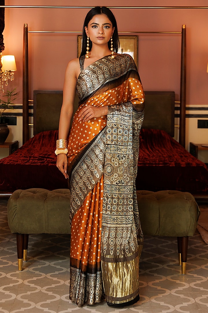 Mustard & Beige Modal Silk Bandhani Ajrakh Saree Set by Geroo Jaipur at Pernia's Pop Up Shop