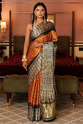Mustard & Beige Modal Silk Bandhani Ajrakh Saree Set by Geroo Jaipur