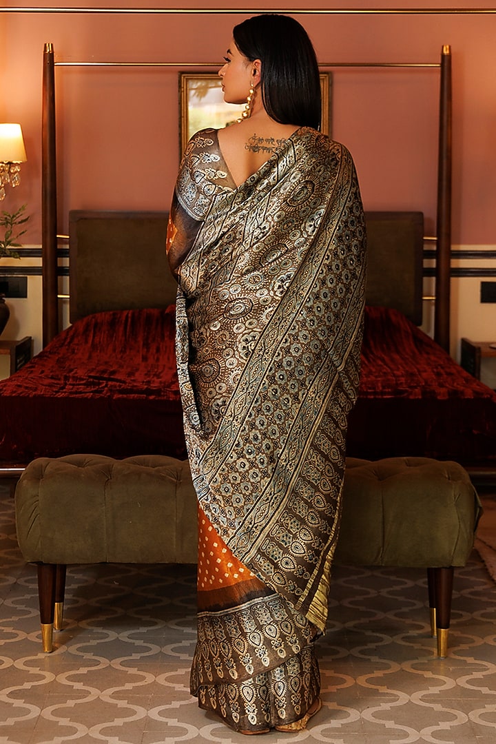 Mustard & Beige Modal Silk Bandhani Ajrakh Party Wear Saree Set by Geroo Jaipur at Pernia's Pop Up Shop