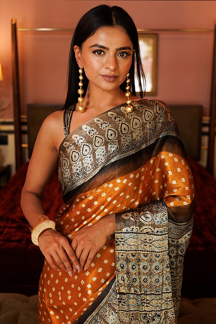 Mustard & Beige Modal Silk Bandhani Ajrakh Party Wear Saree Set by Geroo Jaipur at Pernia's Pop Up Shop
