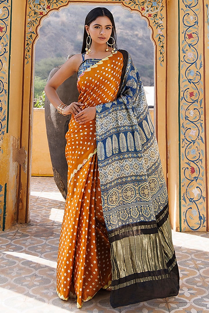 Mustard & Blue Modal Silk Ajrakh Hand Block Printed Saree Set by Geroo Jaipur at Pernia's Pop Up Shop