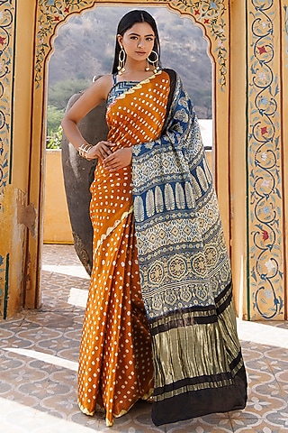 Mustard & Blue Modal Silk Ajrakh Hand Block Printed Saree Set by Geroo Jaipur