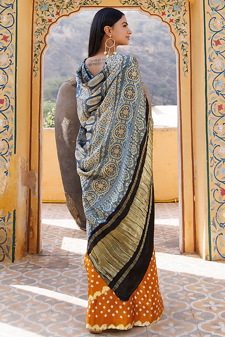Mustard & Blue Modal Silk Ajrakh Hand Block Printed Party Wear Saree Set by Geroo Jaipur at Pernia's Pop Up Shop