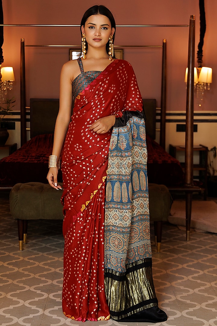 Red & Blue Modal Silk Ajrakh Hand Block Printed Saree Set by Geroo Jaipur