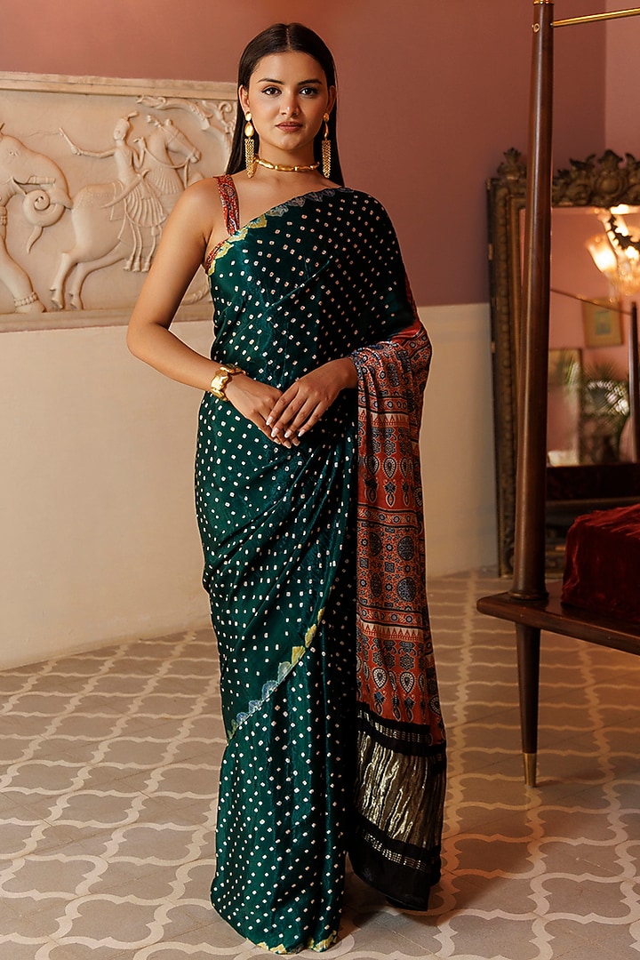 Green & Rust Modal Silk Ajrakh Hand Block Printed Party Wear Saree Set by Geroo Jaipur at Pernia's Pop Up Shop