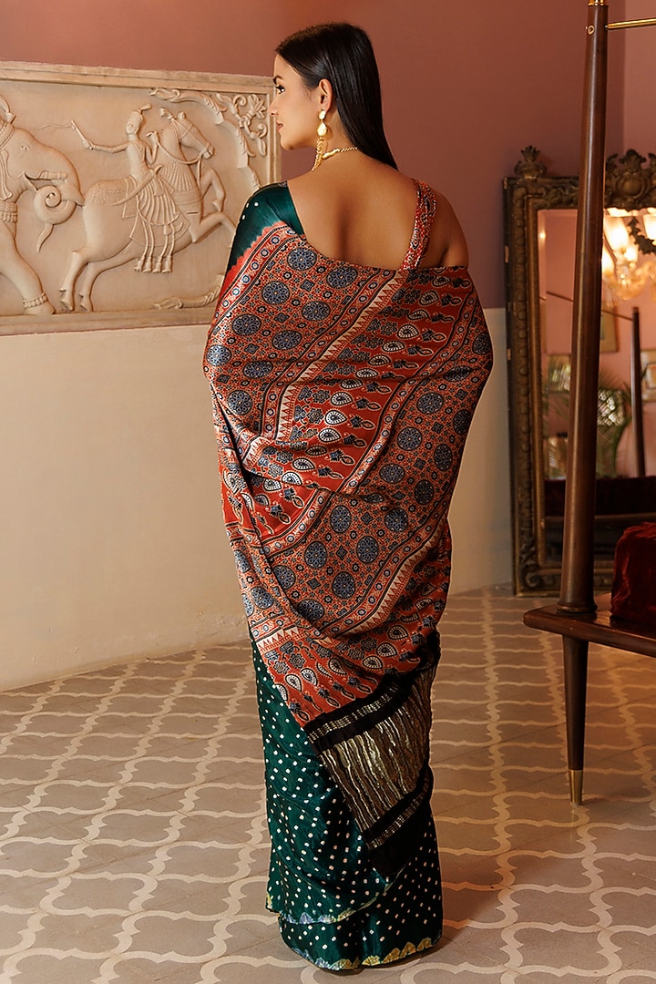 Green & Rust Modal Silk Ajrakh Hand Block Printed Party Wear Saree Set by Geroo Jaipur at Pernia's Pop Up Shop