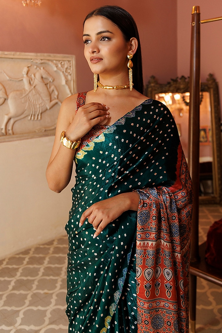 Green & Rust Modal Silk Ajrakh Hand Block Printed Party Wear Saree Set by Geroo Jaipur at Pernia's Pop Up Shop