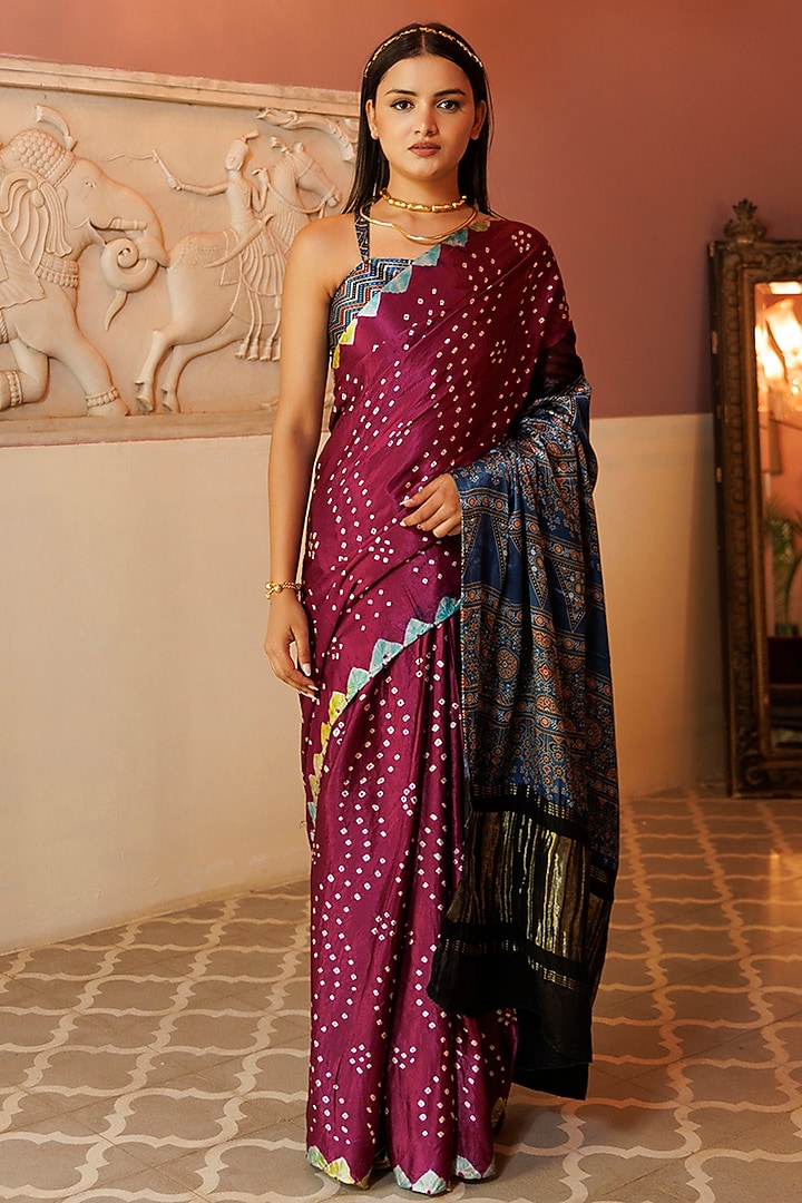 Purple & Blue Modal Silk Ajrakh Hand Block Printed Party Wear Saree Set by Geroo Jaipur at Pernia's Pop Up Shop