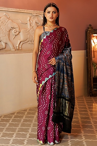 Purple & Blue Modal Silk Ajrakh Hand Block Printed Saree Set by Geroo Jaipur