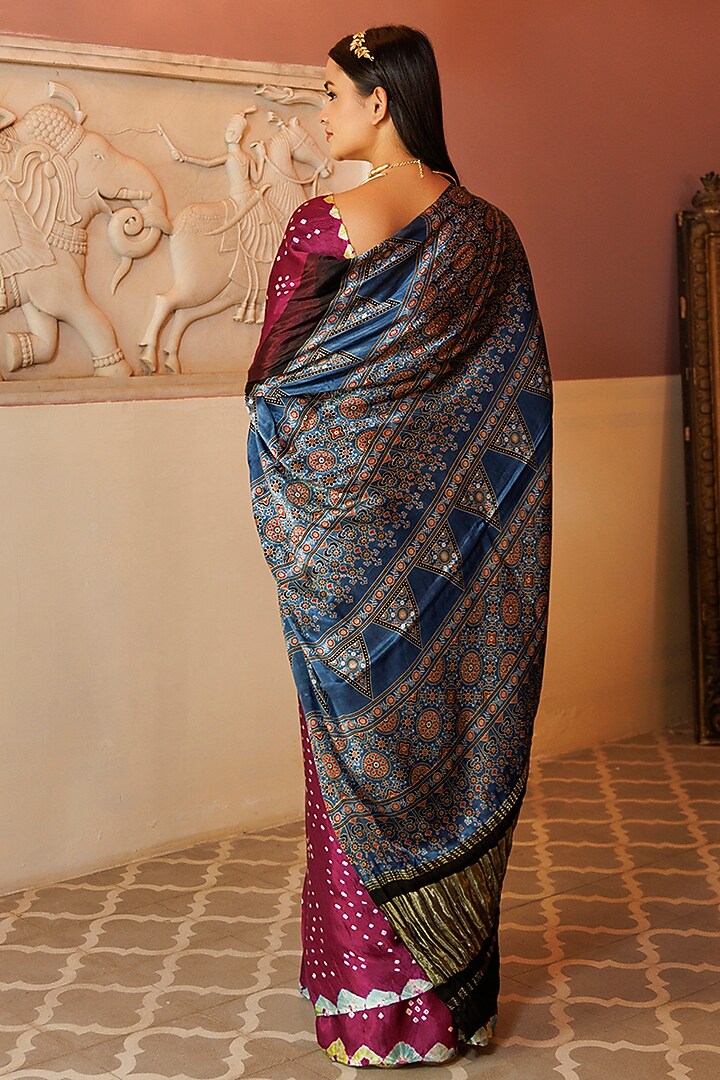 Purple & Blue Modal Silk Ajrakh Hand Block Printed Party Wear Saree Set by Geroo Jaipur at Pernia's Pop Up Shop