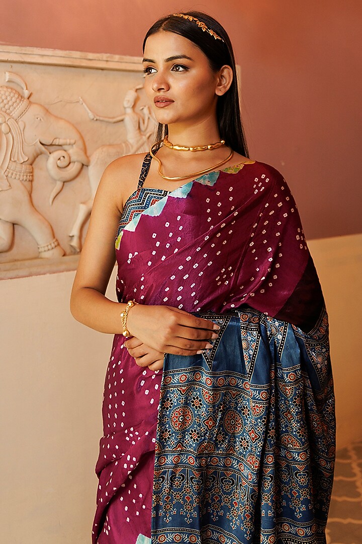 Purple & Blue Modal Silk Ajrakh Hand Block Printed Party Wear Saree Set by Geroo Jaipur at Pernia's Pop Up Shop