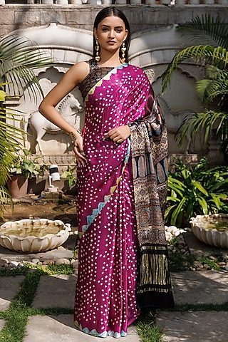 Purple & Black Modal Silk Ajrakh Hand Block Printed Saree Set by Geroo Jaipur