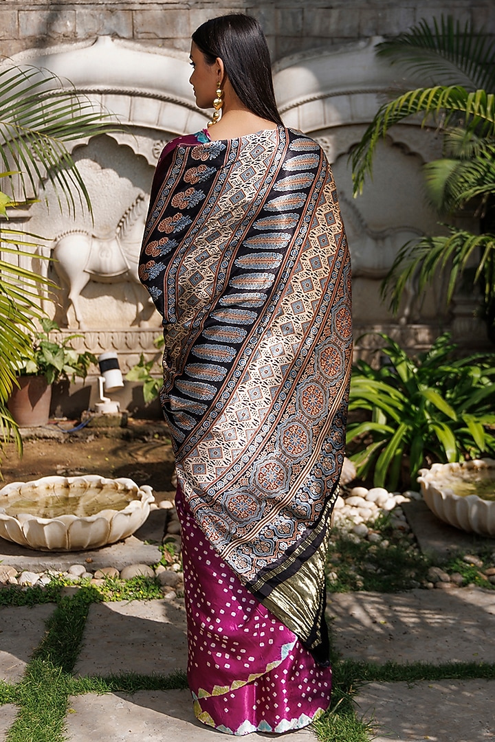 Purple & Black Modal Silk Ajrakh Hand Block Printed Party Wear Saree Set by Geroo Jaipur at Pernia's Pop Up Shop