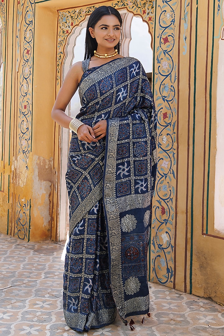 Indigo Blue Gharchola Ajrakh Hand Block Printed Saree Set by Geroo Jaipur at Pernia's Pop Up Shop