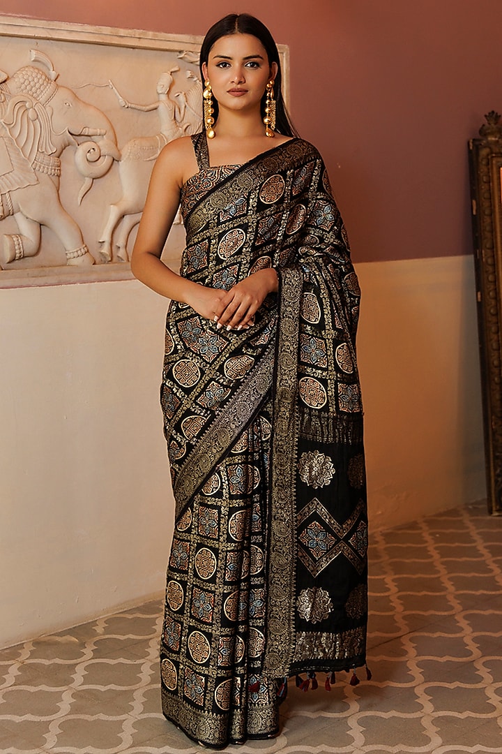 Black Gharchola Ajrakh Hand Block Printed Saree Set by Geroo Jaipur at Pernia's Pop Up Shop