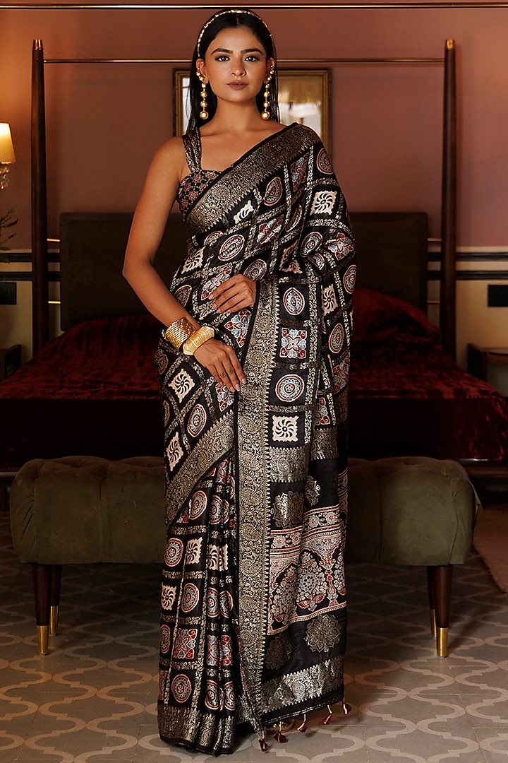 Black Gharchola Ajrakh Hand Block Printed Saree Set by Geroo Jaipur at Pernia's Pop Up Shop