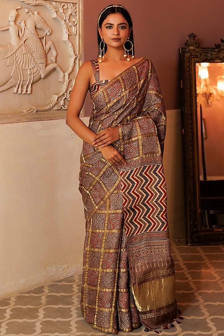 Light Brown Gharchola Ajrakh Hand Block Printed Brown Saree Set by Geroo Jaipur at Pernia's Pop Up Shop