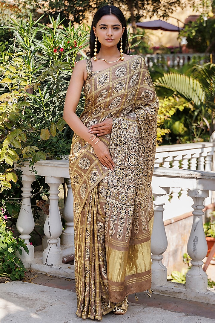 Ash Brown Gharchola Ajrakh Hand Block Printed Brown Saree Set by Geroo Jaipur at Pernia's Pop Up Shop