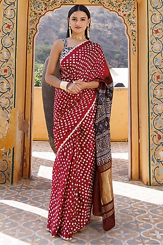 Maroon Red Bandhani Zari Modal Silk Hand Block Printed Saree Set by Geroo Jaipur