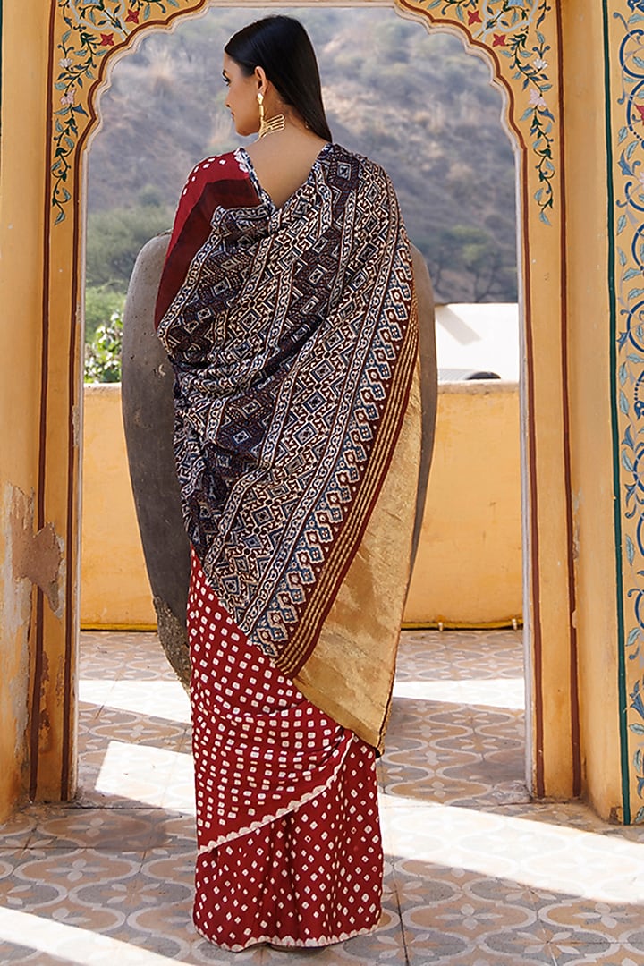 Maroon Red Bandhani Zari Modal Silk Hand Block Printed Party Wear Saree Set by Geroo Jaipur at Pernia's Pop Up Shop