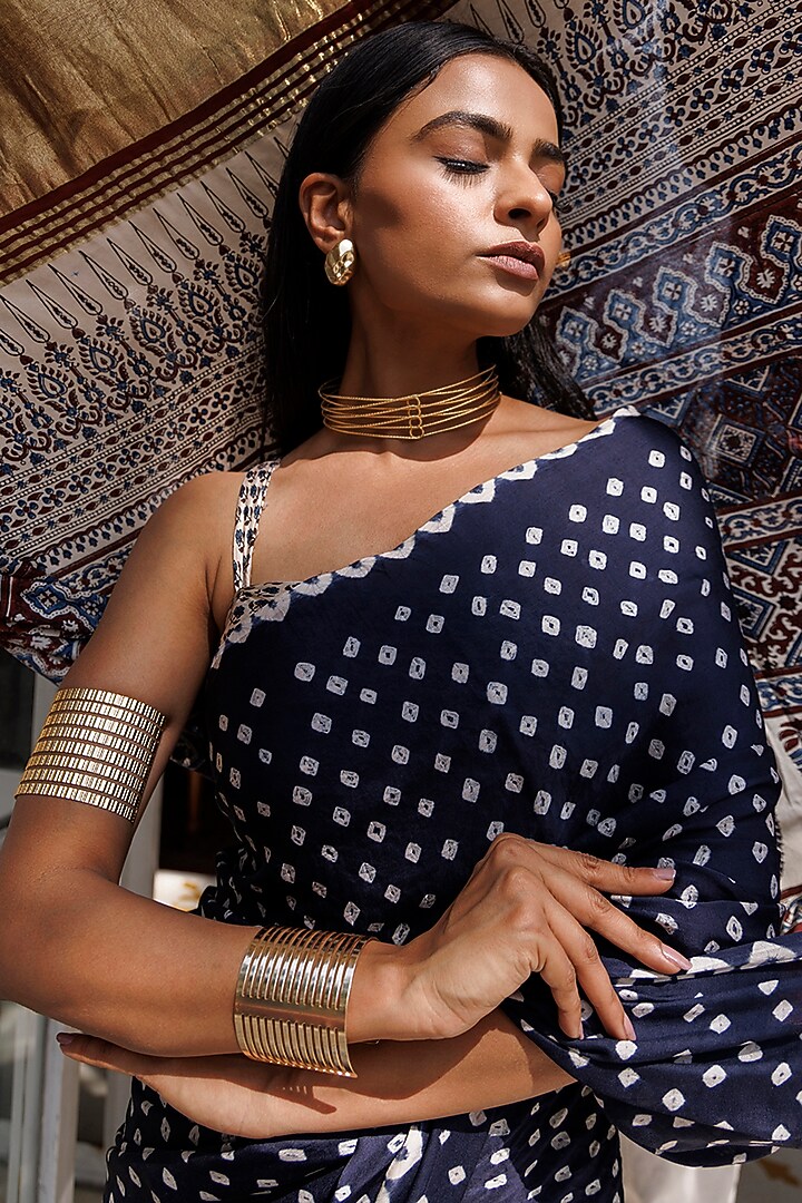 Black & Maroon Bandhani Zari Modal Silk Hand Block Printed Party Wear Saree Set by Geroo Jaipur at Pernia's Pop Up Shop