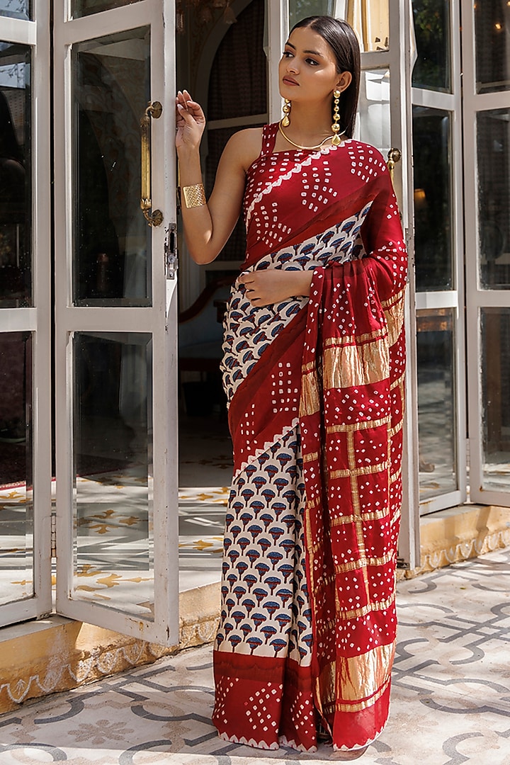 Red Pure Bandhani Modal Silk Gharchola Hand Block Printed Saree Set by Geroo Jaipur at Pernia's Pop Up Shop