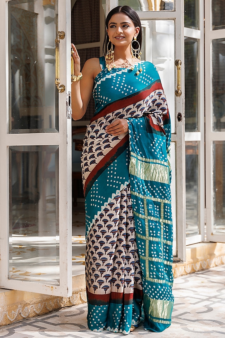 Green Pure Bandhani Modal Silk Hand Block Printed Saree Set by Geroo Jaipur at Pernia's Pop Up Shop