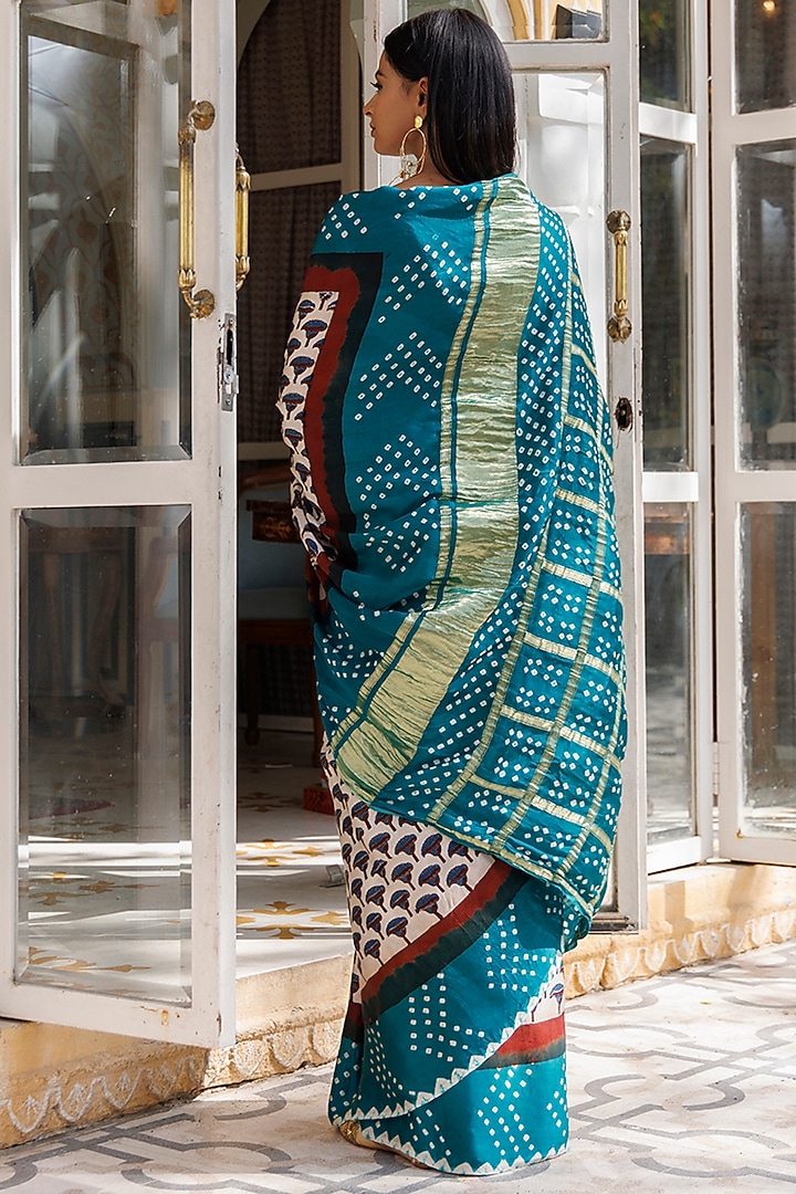 Green Pure Bandhani Modal Silk Hand Block Printed Wedding Saree Set by Geroo Jaipur at Pernia's Pop Up Shop