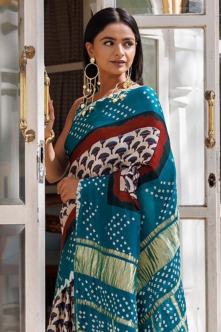 Green Pure Bandhani Modal Silk Hand Block Printed Wedding Saree Set by Geroo Jaipur at Pernia's Pop Up Shop