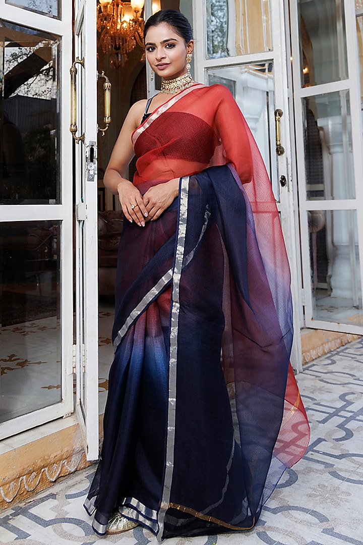 Maroon & Dark Blue Pure Kota Silk Hand-Dyed Saree Set by Geroo Jaipur at Pernia's Pop Up Shop