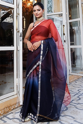 Maroon & Dark Blue Pure Kota Silk Hand-Dyed Saree Set by Geroo Jaipur