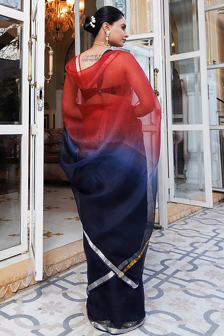 Maroon & Dark Blue Pure Kota Silk Hand-Dyed Festive Saree Set by Geroo Jaipur at Pernia's Pop Up Shop