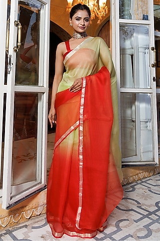 Light Green & Red Pure Kota Silk Hand-Dyed Saree Set by Geroo Jaipur