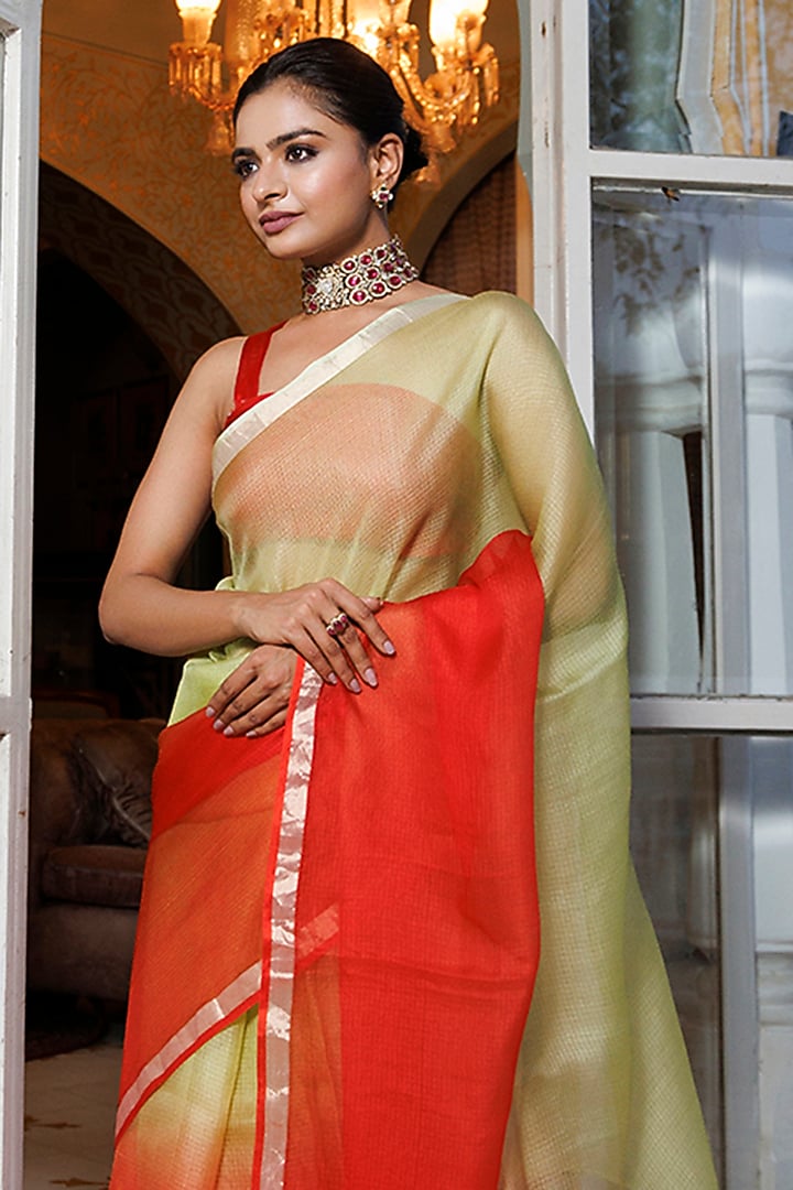 Light Green & Red Pure Kota Silk Hand-Dyed Festive Saree Set by Geroo Jaipur at Pernia's Pop Up Shop