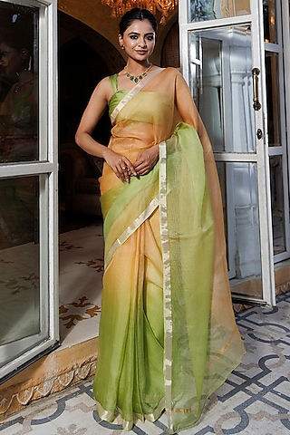 Green & Beige Pure Kota Silk Hand-Dyed Saree Set by Geroo Jaipur