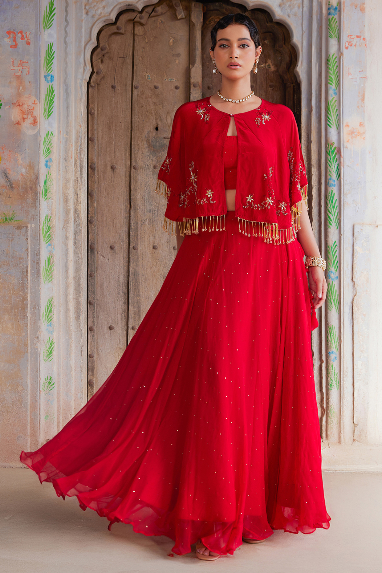 Red Soft Chiffon Wedding Lehenga Set by Geroo Jaipur at Pernia's Pop Up Shop