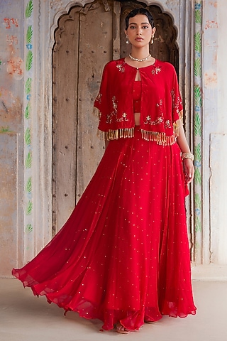 Red Soft Chiffon Lehenga Set by Geroo Jaipur